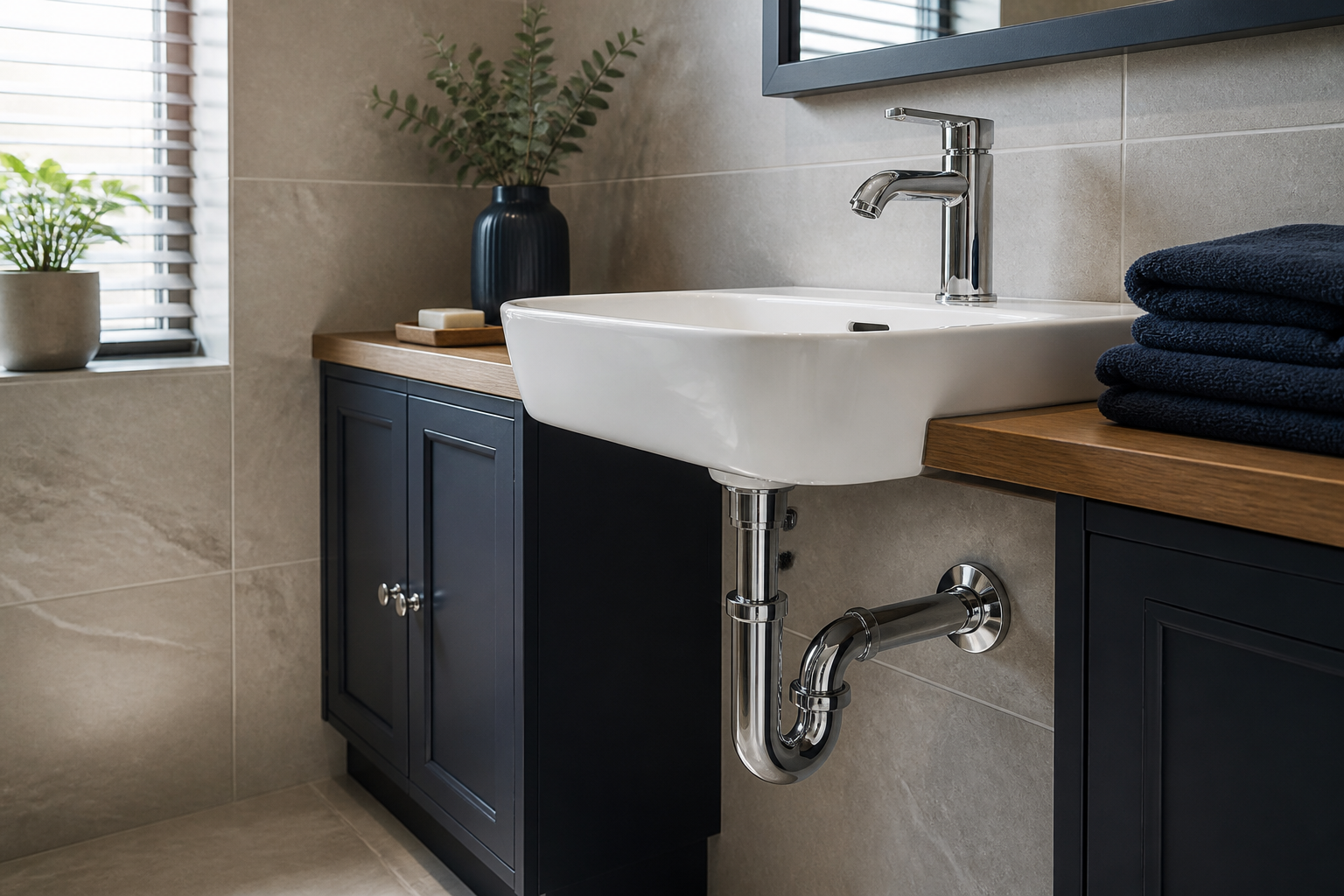 Precision chrome pipework beneath a modern bathroom sink